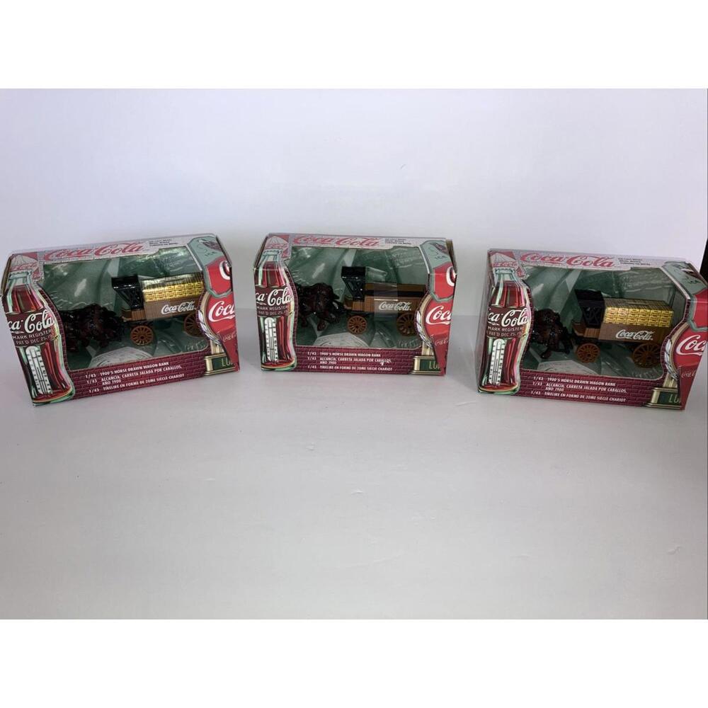 (3) Vintage NEW Coca-Cola 1900's Horse Drawn Wagon Bank 1999 Buggy Collectible